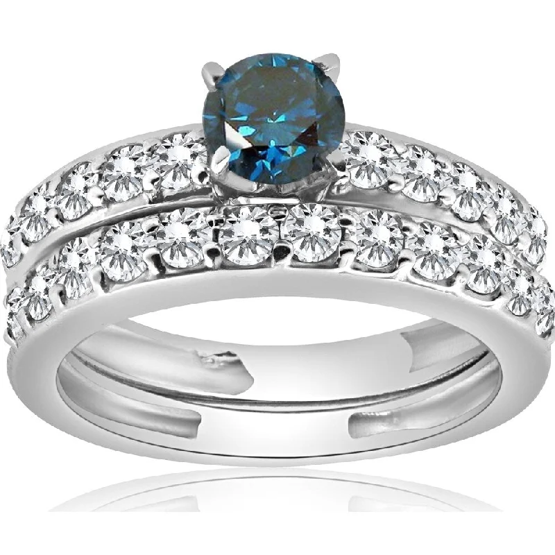 Pompeii3 14K White Gold 1 1/3Ct Blue Round Cut Diamond Matching Bridal Engagement Wedding Ring Set