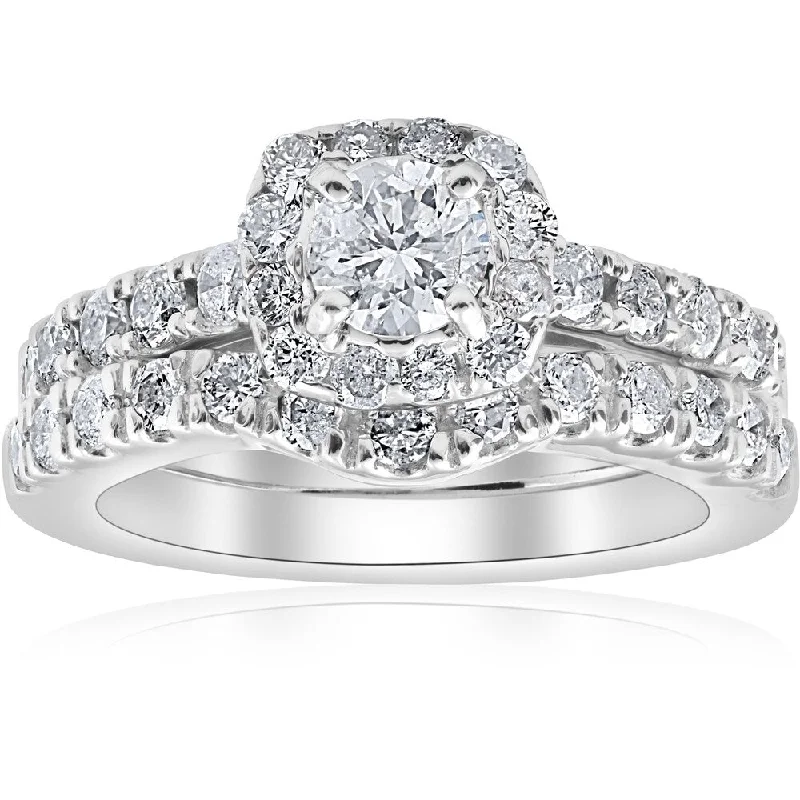 Pompeii3 14k White Gold 1 1/4 ct TDW Cushion Halo Diamond Engagement Wedding Ring Set