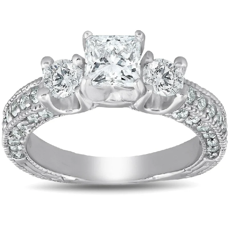 Pompeii3 14k White Gold 2 1/4 ct TDW Princess Cut Diamond Vintage Three Stone Engagement Ring Clarity Enhanced