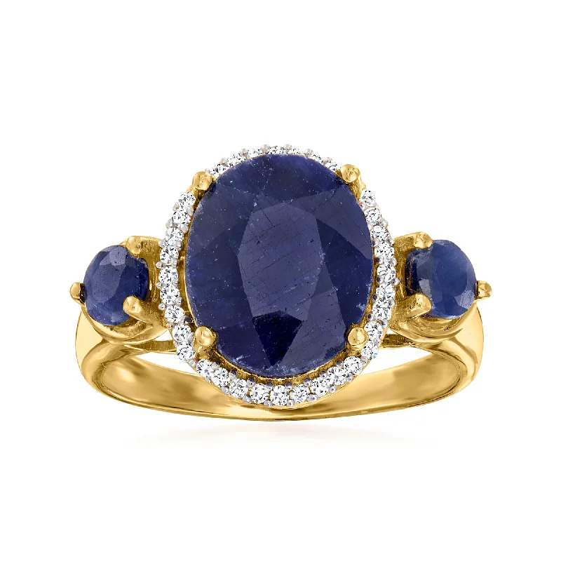 Ross-Simons Sapphire 3-Stone Ring With . Diamonds in 18kt Gold Over Sterling