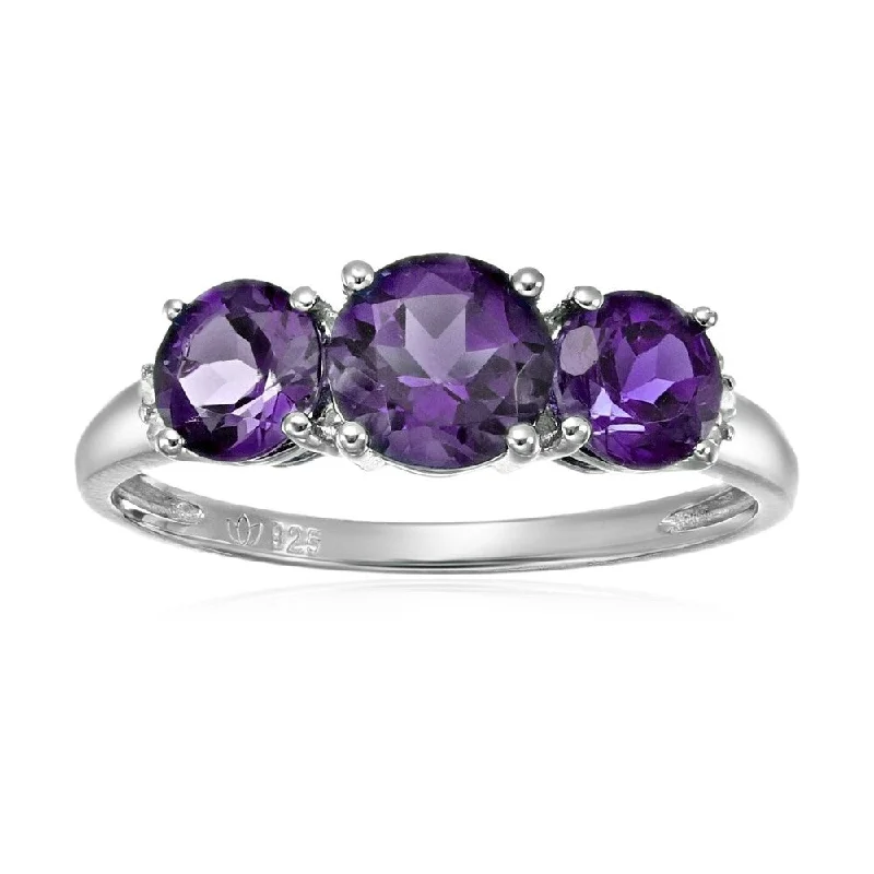 Sterling Silver Amethyst and Diamond Accented 3-stone Engagement Ring - Purple