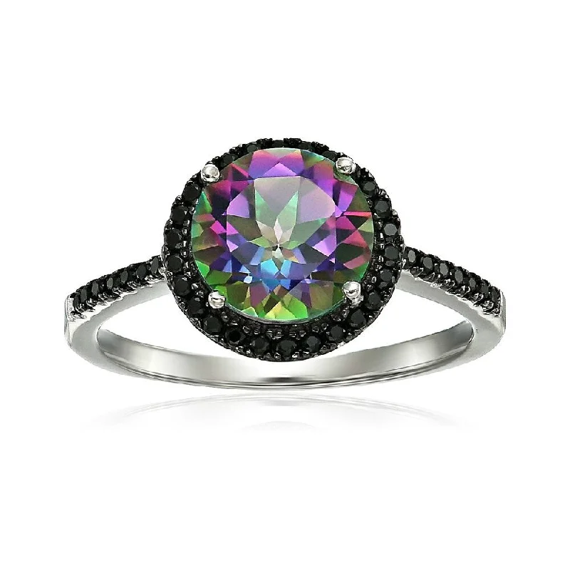 Sterling Silver Mystic Topaz and Black Spinel Halo Engagement Ring - Green