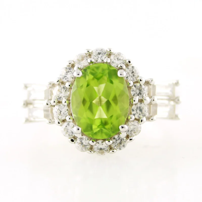 Sterling Silver Peridot White Zircon Halo Ring