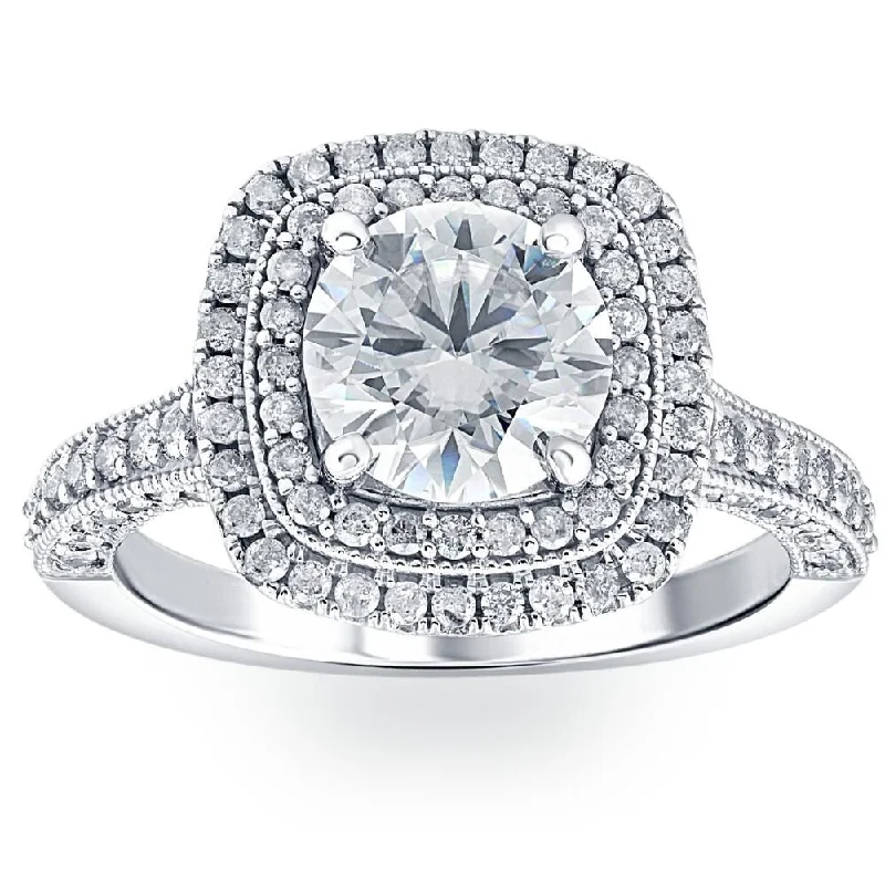 VS 3Ct Diamond & Moissanite Cushion Halo Engagement Ring in White, Yellow or Rose Gold