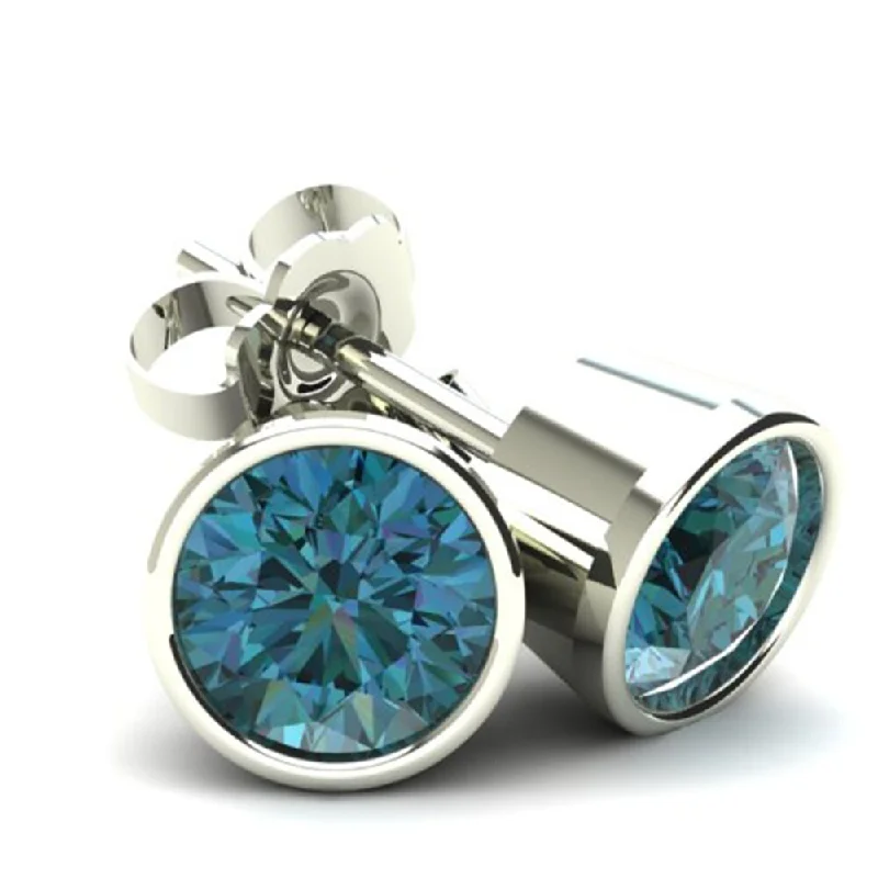 1.00Ct Round Brilliant Cut Heat Treated Blue Diamond Stud Earrings in Gold Round Bezel Setting