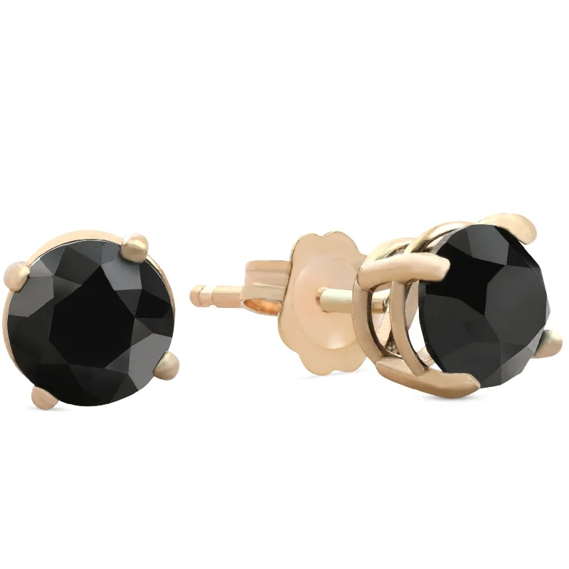 1 1/2 ct Yellow Gold Round Black Diamond Studs Womens Earrings