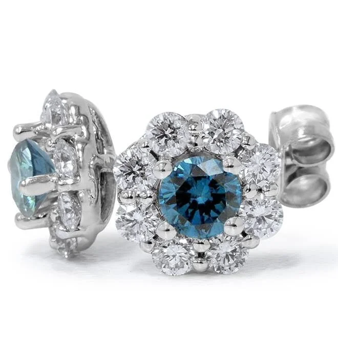 1 1/2ct Halo Fire Blue & White Diamond Studs White Gold