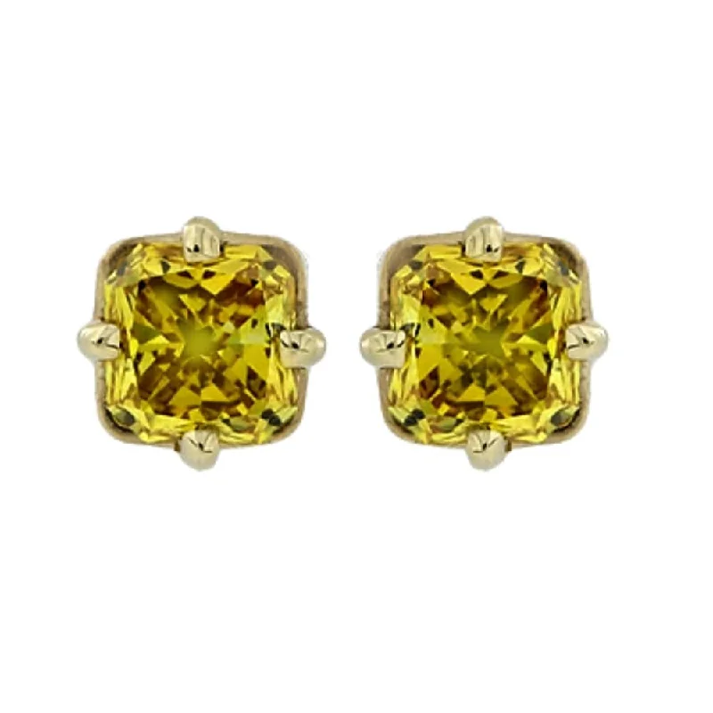 1/2Ct Fancy Canary Yellow Cushion Cut Diamond Studs Yellow Gold Lab Grown