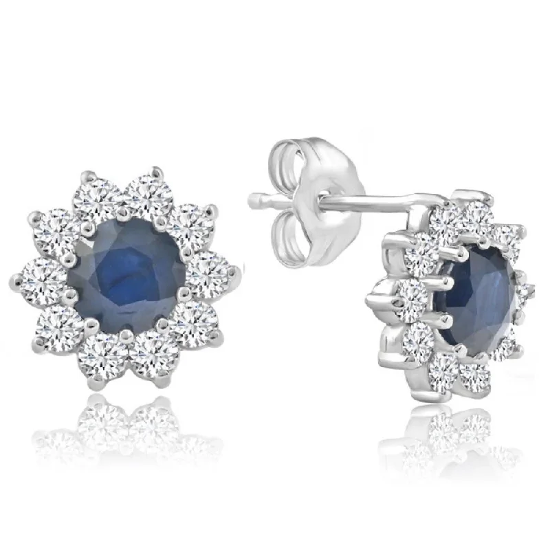 1 3/4ct Blue Sapphire & Diamond Halo Studs Earrings White Gold