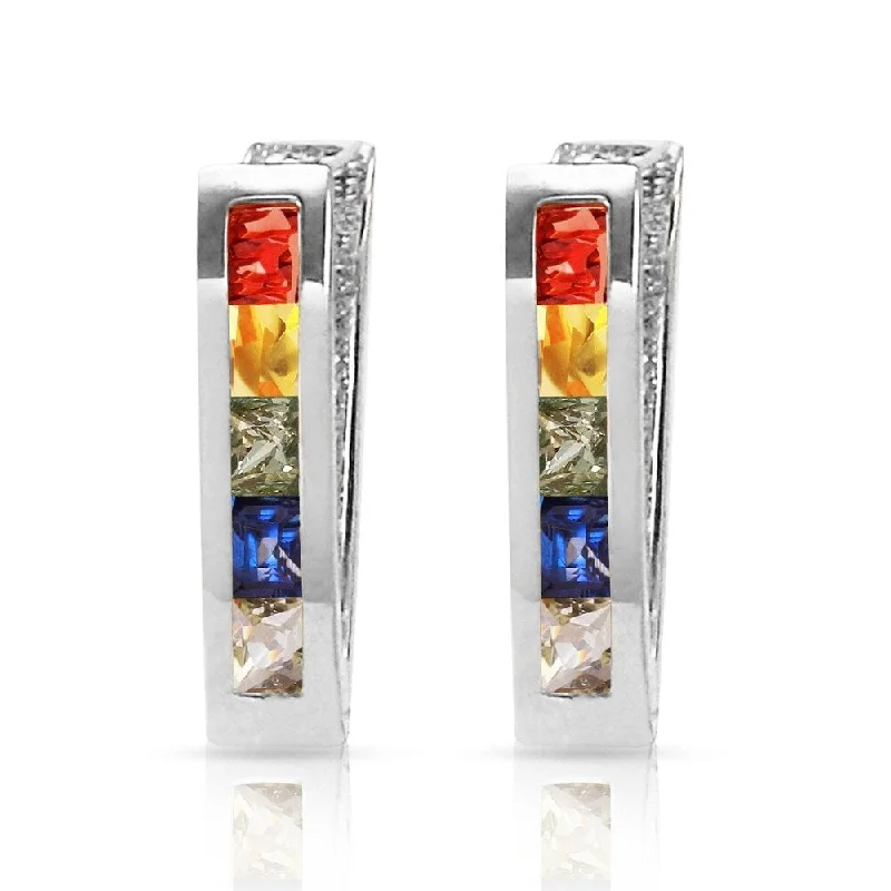 1.3 Carat 14K Solid White Gold Huggie Earrings Multicolor Sapphire