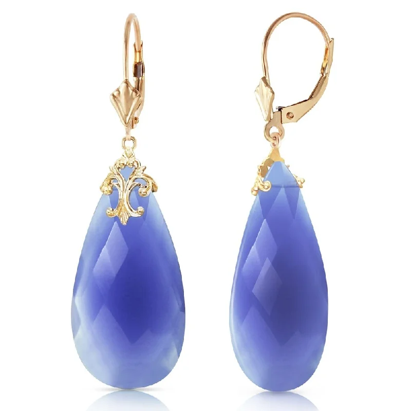 14K Solid Gold Leverback Earrings with Briolette 31x16 mm Deep Blue Chalcedony