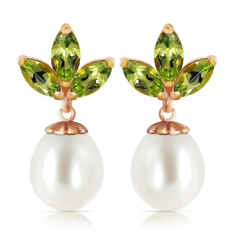 14K Solid Rose Gold Dangling Earrings with pearls & Peridots