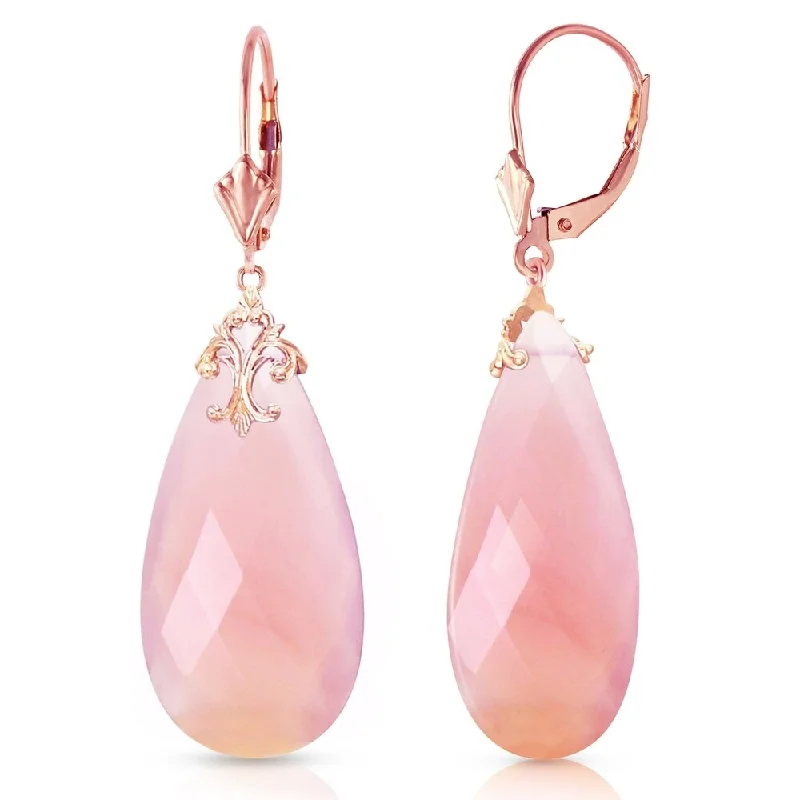 14K Solid Rose Gold Leverback Earrings with Briolette 31x16 mm Pink Chalcedony