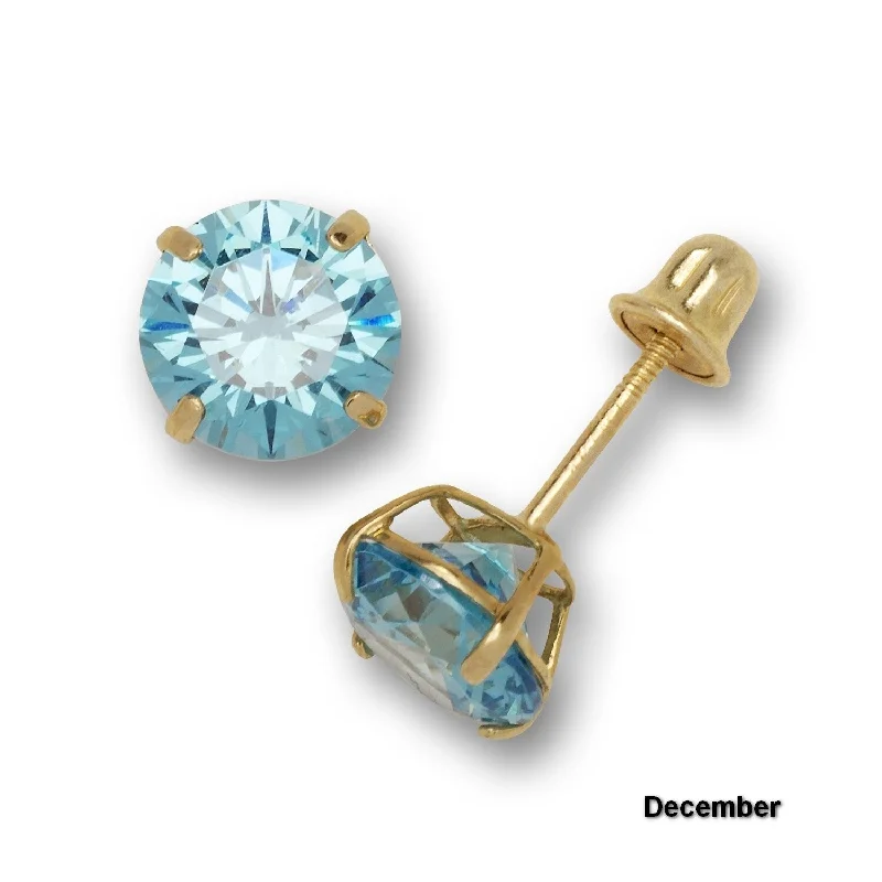 14K Yellow Gold 6mm Round Cubic Zircornia Birthstone Basket-Set Solitaire Screw-back Stud Earrings (12 colors)