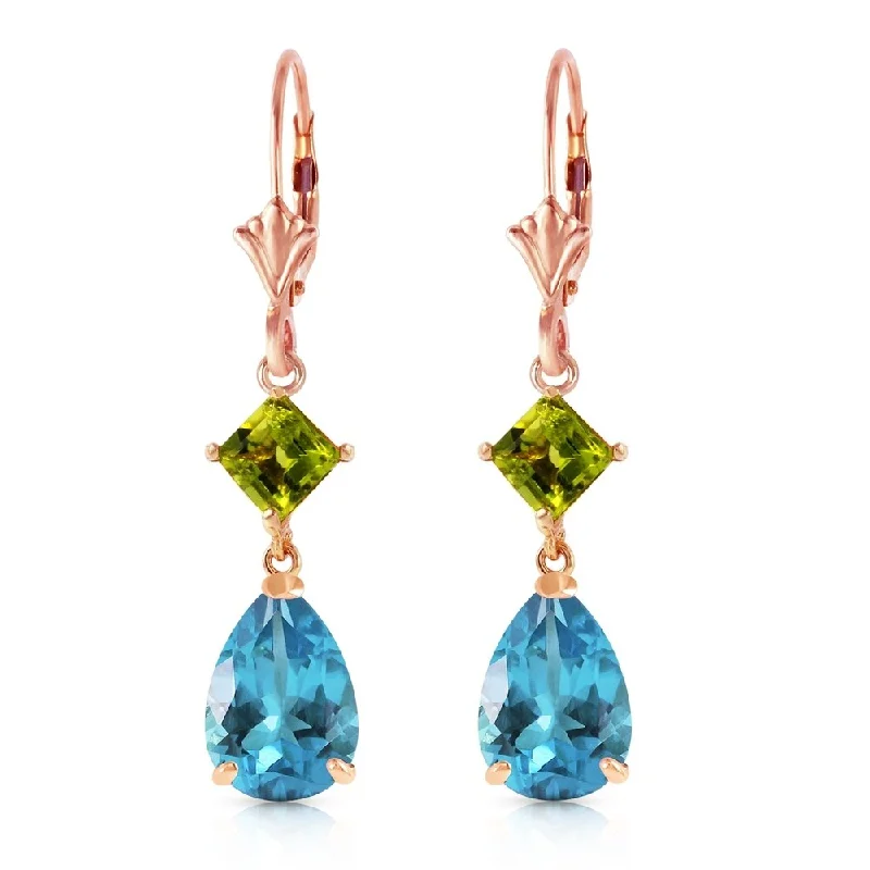 4.5 Carat 14K Solid Rose Gold Leverback Earrings Peridot Blue Topaz