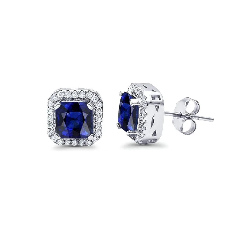 925 Sterling Silver Halo Princess Cut Sapphire Stud Earrings