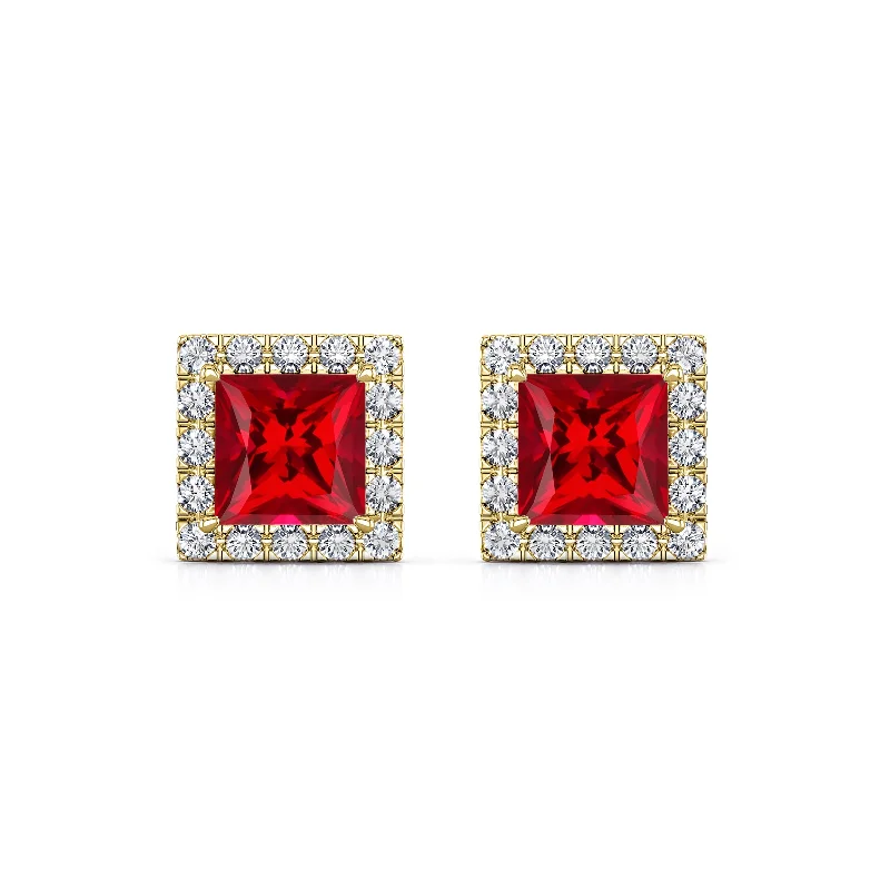 Auriya 14k Gold Lab Grown Gemstone Ruby Stud Earrings Princess 0.25 to 5.00 ct. tw. Halo Screw-Back