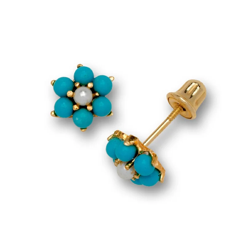 Curata 14k Yellow Gold Created Turquoise Pearl Flower Stud Screw Back Earrings - Blue