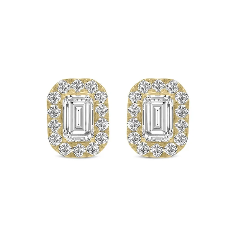 Marquee 1.50 Carat TW Emerald Cut Lab Grown Diamond Halo Earrings in 14K Yellow Gold