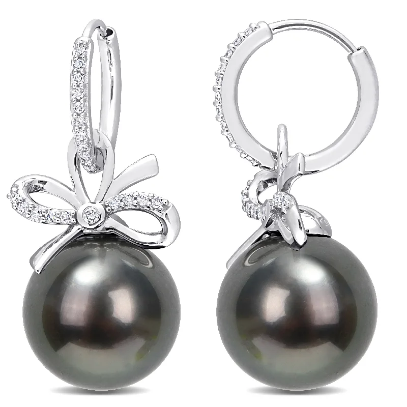 Miadora 12-12.5mm Black Tahitian Cultured Pearl and 1/4 CT TW Diamond Bow Huggie Earrings in 14k White Gold