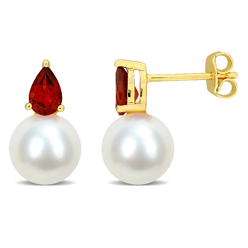 Miadora 1ct TGW Garnet and 8.5-9mm Cultured Freshwater Pearl Earrings Yellow Silver - 15.5 mm x 8.7 mm x 8.7 mm