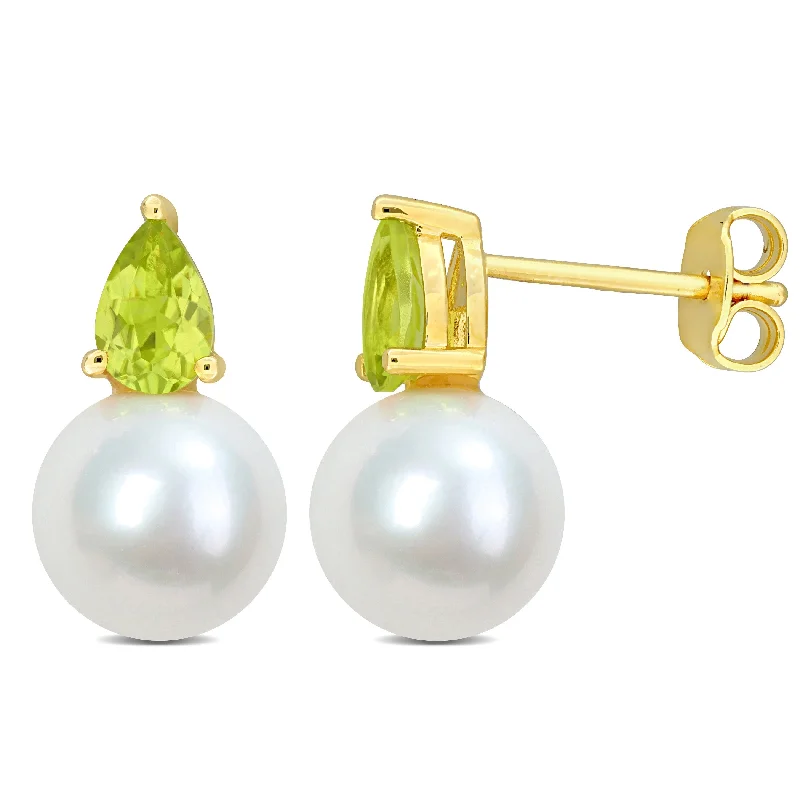 Miadora 4/5ct TGW Peridot and 8.5-9mm Cultured Freshwater Pearl Earrings Yellow Silver - 15 mm x 8.7 mm x 8.7 mm