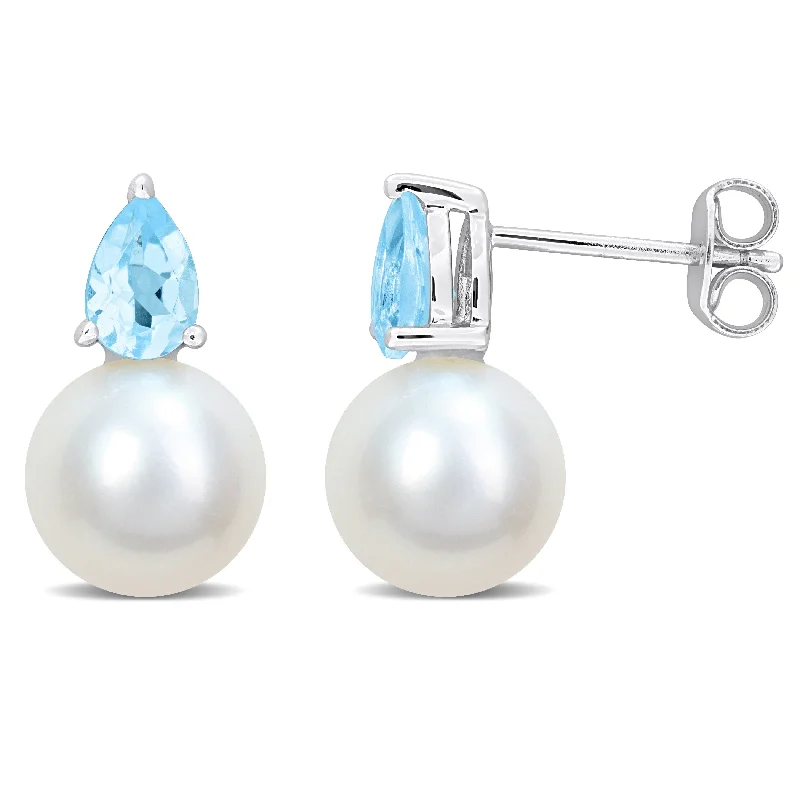 Miadora 8.5-9mm Cultured Freshwater Pearl 7/8ct TGW Blue Topaz Teardrop Earrings in Sterling Silver - 15.5 mm x 8.7 mm x 8.7 mm