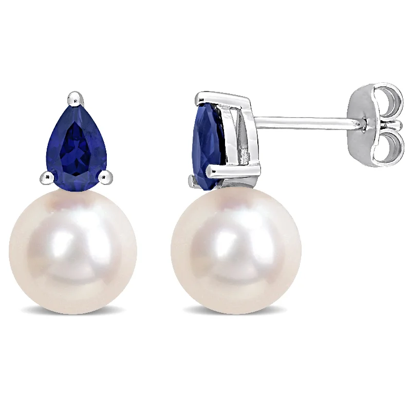 Miadora 8.5-9mm White Cultured Freshwater Pearl and 1 1/3ct TGW Created Blue Sapphire Stud Earrings in Sterling Silver