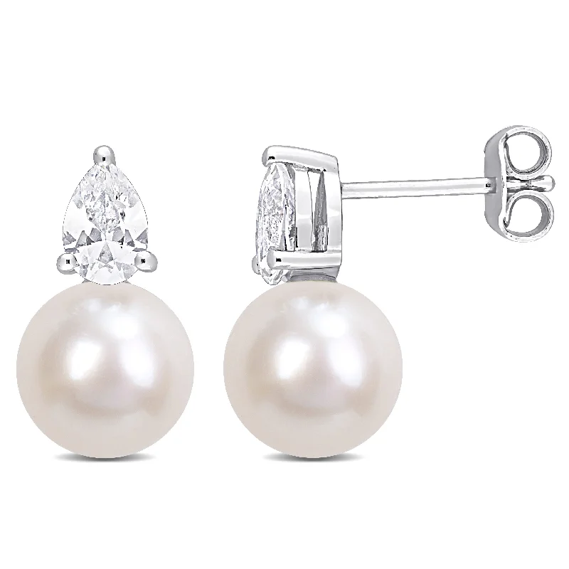 Miadora 8.5-9mm White Cultured Freshwater Pearl and 1 1/3ct TGW Created White Sapphire Stud Earrings in Sterling Silver