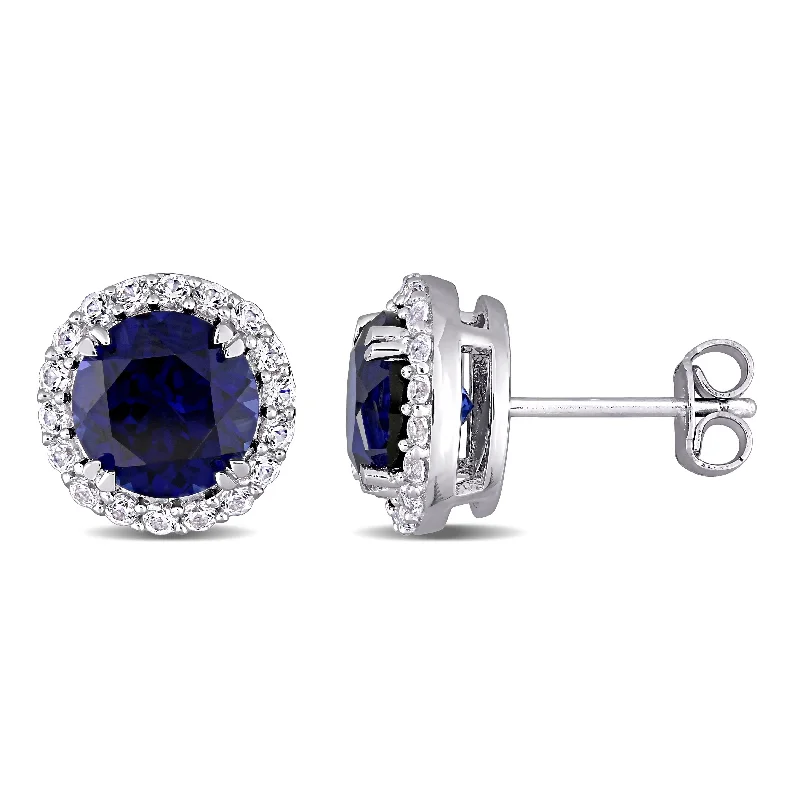 Miadora Sterling Silver 5 1/2ct TGW Created Blue and White Sapphire Halo Stud Earrings - 11.1 mm x 11.1 mm x 6.5 mm