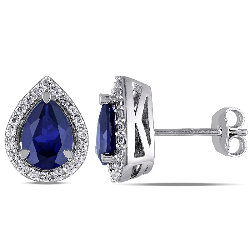 Miadora Sterling Silver Created Blue and White Sapphire Teardrop Halo Birthstone Stud Earrings