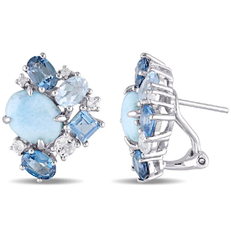 Miadora Sterling Silver Larimar and Blue Topaz with White Topaz Stud Cluster Earrings