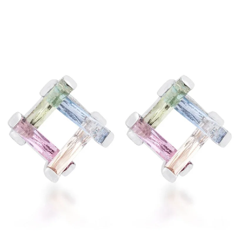 Myra 10Ct Multicolor Cz Rhodium Stud Earrings - 12 Mm L X 12 Mm W X 7 Mm H