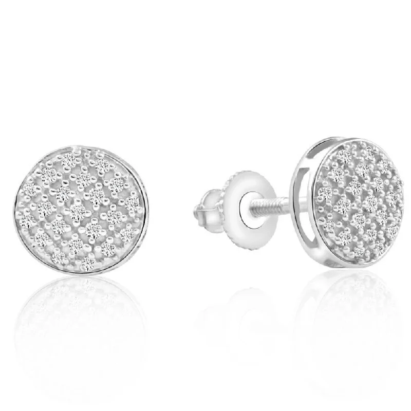 Pave Diamond Round Studs Screw Back Earrings White or Yellow Gold 7mm Wide