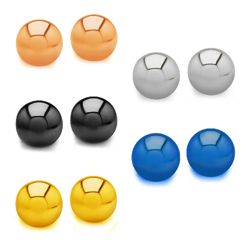 Polished Multi Color Ball Stainless Steel Stud Earrings - 5 Pair Set