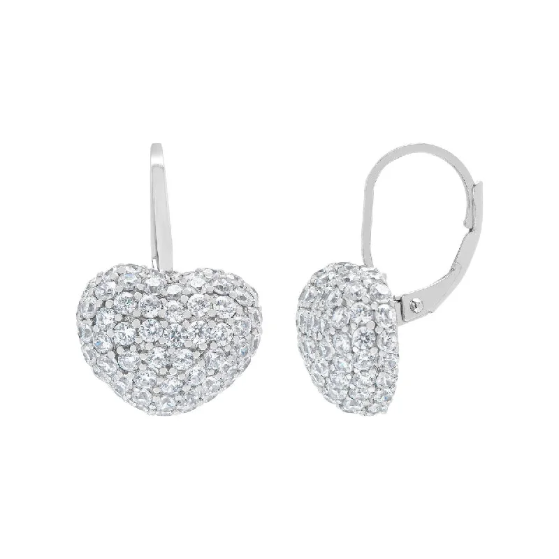 Victoria Townsend Silver Plated Cubic Zirconia Pave Puff Heart Leverback Earrings