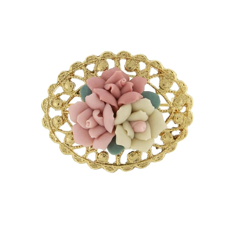 1928 Jewelry Pink And Ivory Genuine Porcelain Rose Cluster Filigree Pin