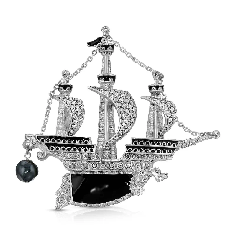 Antiquities Couture Black Enamel Crystal And Black Faux Pearl Galleon Ship Pin