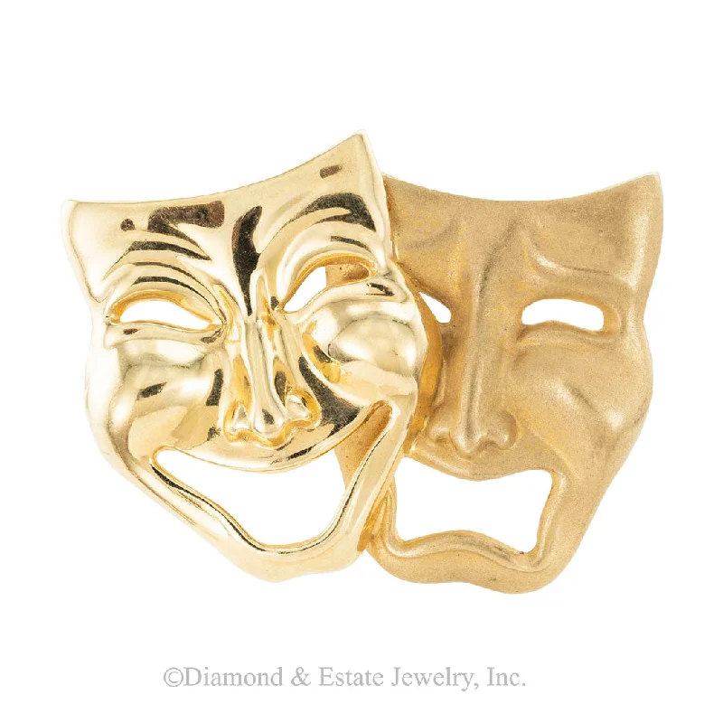 Comedy Tragedy Masks Yellow Gold Brooch