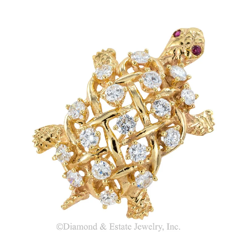 Diamond Ruby Yellow Gold Turtle Brooch