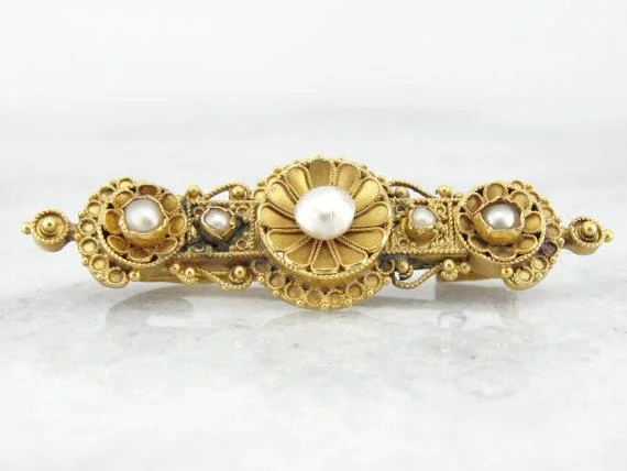 Etruscan Revival Victorian 22K Gold and Pearl Brooch