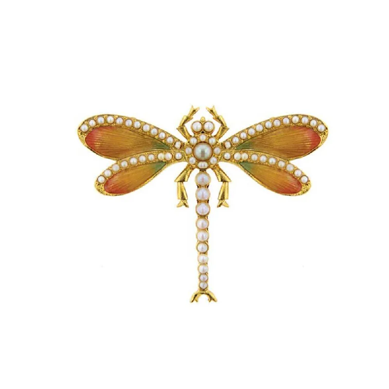 Antiquities Couture Hand Enameled Orange Enamel With Faux Pearl Balantinis Dragonfly Pin