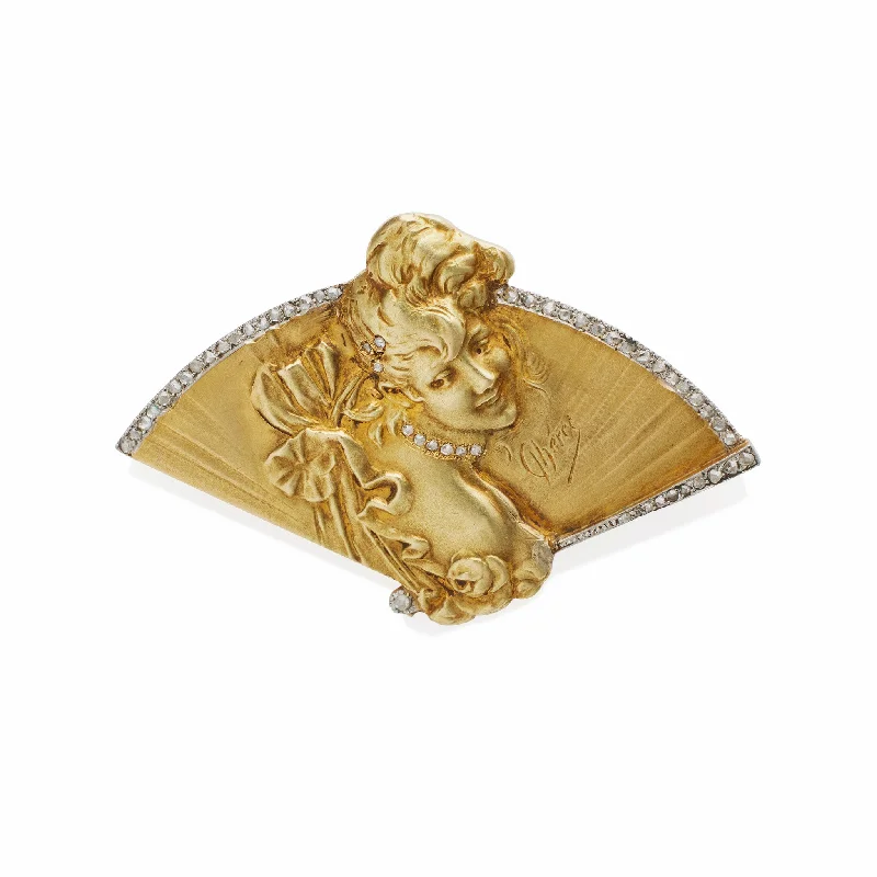 Jules Chéret Art Nouveau 18K Gold and Rose-cut Diamond Brooch