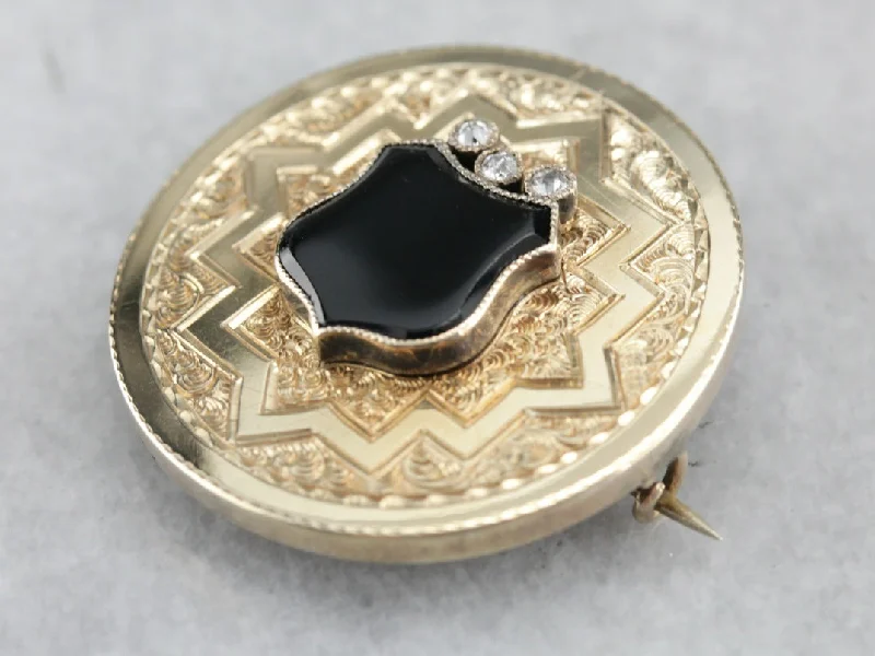 Onyx Diamond and Gold Victorian Pendant or Brooch