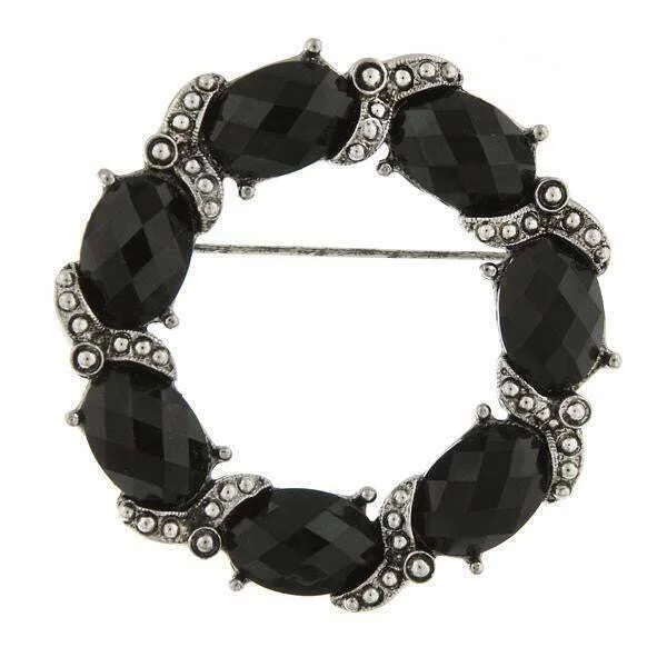 1928 Jewelry Black Faceted Stone Wreath Pin